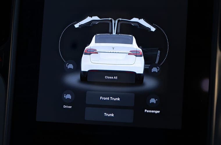 Tesla touchscreen displaying the door and controls interface